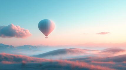 Obraz premium A simple air balloon floating above a minimalistic landscape, with the landscape rendered in soft, muted colors and simple shapes like hills or a river