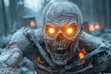 Horrifying Zombie Crawling Through Graveyard, Undead Eyes Glowing with Supernatural Light, Halloween Horror Concept Art