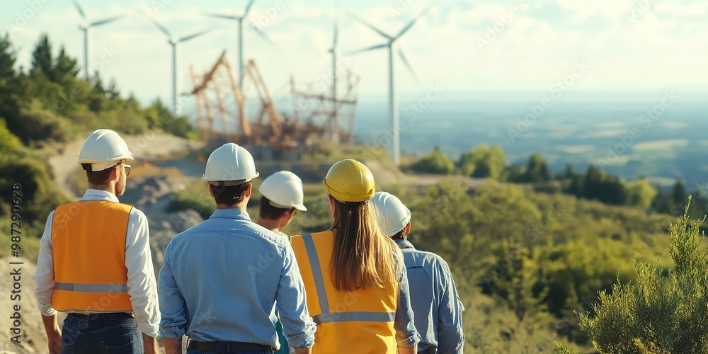 Poster back view of group engineers and architects on construction site with wind turbines in background