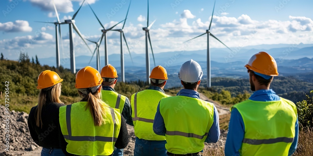 Poster back view of group engineers and architects on construction site with wind turbines in background
