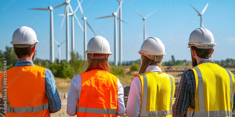 Poster back view of group engineers and architects on construction site with wind turbines in background