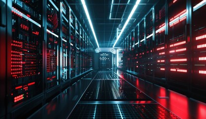 Futuristic server room with glowing lights and high tech equipment in a sleek, dark environment