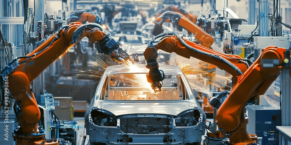 Poster automotive engineer at car factory using laptop. factory is producing vehicles with robotic arms tec