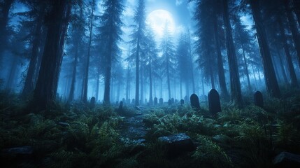Obraz premium Mystical Graveyard Under a Full Moon Eerie Fog Envelopes Tombstones, Casting Supernatural Shadows in a Spooky Forest Setting