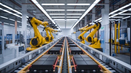 Advanced automated battery production line with robotic arms assembling lithium-ion cells on conveyor belt. Skilled workers in protective gear supervising high-tech manufacturing process. 