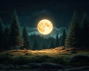 Peaceful Moonlit Forest Scene Tranquil Night Landscape with Full Moon Shining Brightly Above, Casting Soft Light on Quiet Trees and Grassy Ground