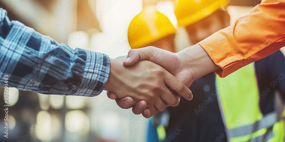 Aufkleber architect and engineer construction workers shaking hands while working for teamwork and cooperation
