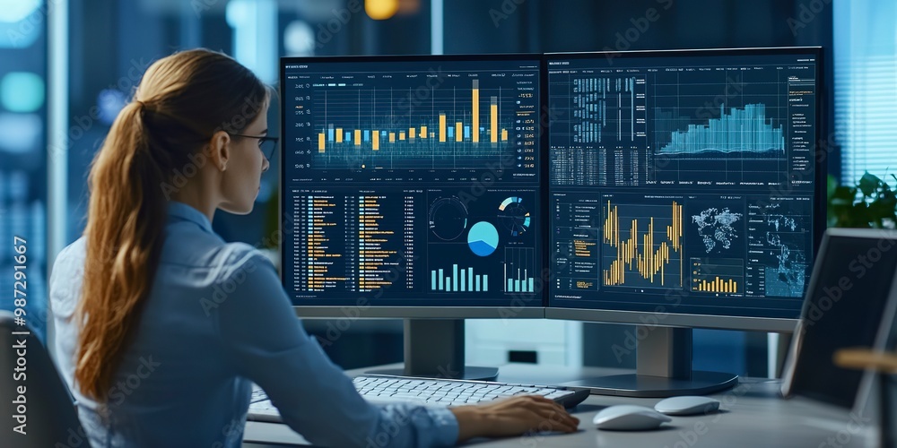 Poster analyst uses computer and dashboard for data business analysis and data management system with kpi a