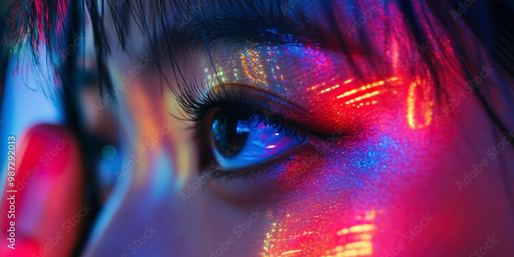 Poster an extreme close-up of a smartphone screen displaying vivid colors and digital content reflected on 