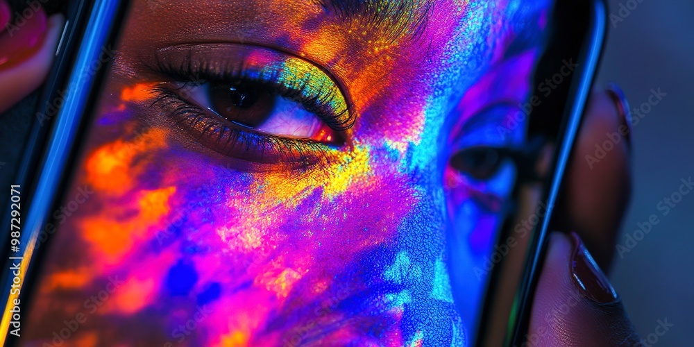 Poster an extreme close-up of a smartphone screen displaying vivid colors and digital content reflected on 