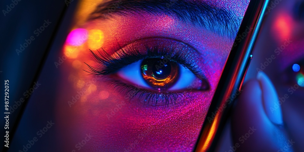Poster an extreme close-up of a smartphone screen displaying vivid colors and digital content reflected on 