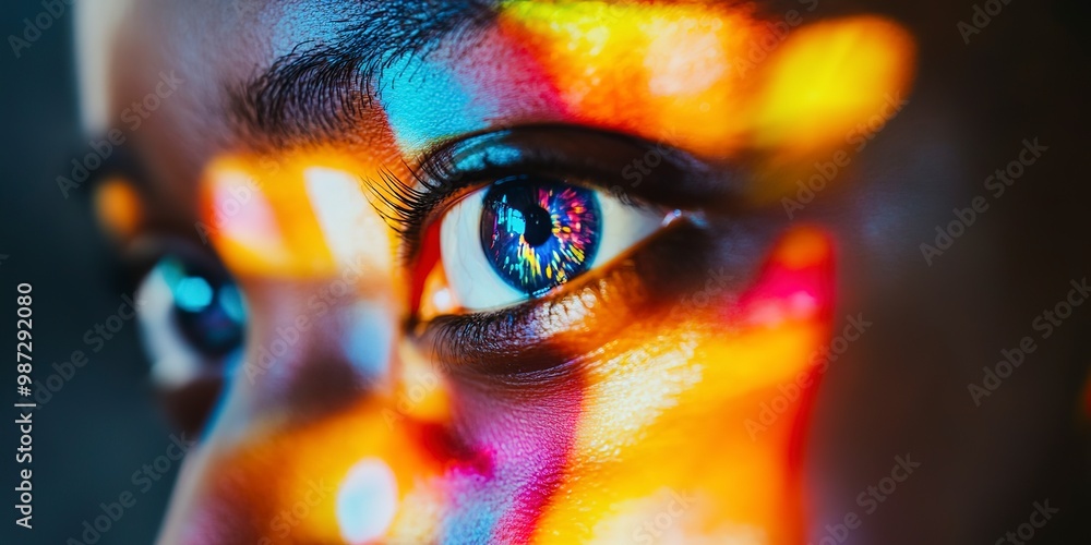 Poster an extreme close-up of a smartphone screen displaying vivid colors and digital content reflected on 