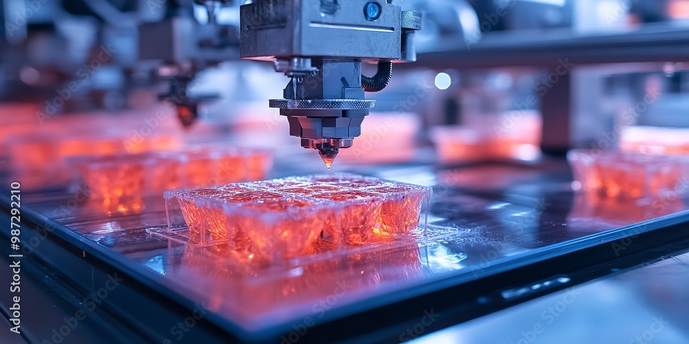 Poster an array of bioprinters constructing intricate tissue scaffolds layer by layer, laying the groundwor