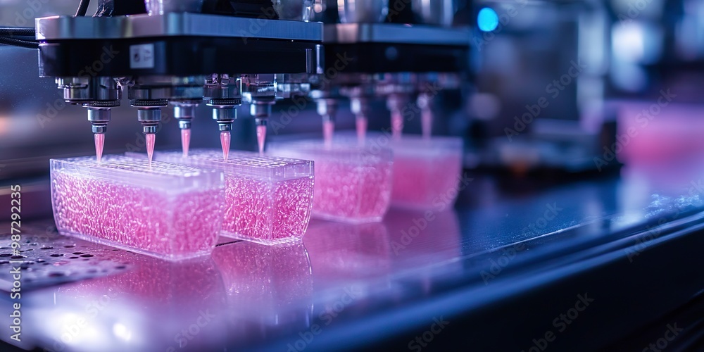 Poster an array of bioprinters constructing intricate tissue scaffolds layer by layer, laying the groundwor