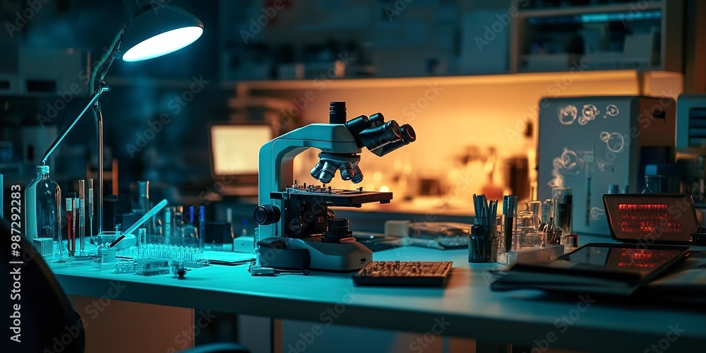 Poster an advanced microscope is carefully placed on a desk amidst various laboratory items in a research f