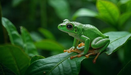 Obraz premium Close up of green frog perched on a leaf surrounded by lush greenery in a natural habitat