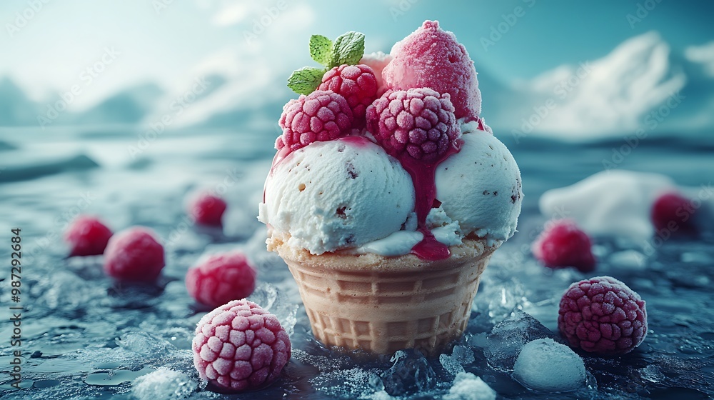 Aufkleber a single scoop of vanilla ice cream with frozen raspberries and raspberry sauce in a waffle cone, wi
