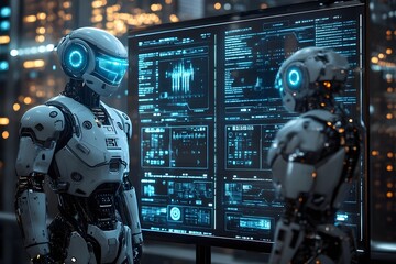 Fototapeta premium a sleek, silver humanoid robot standing in front of a holographic user interface, displaying vibrant data streams and futuristic control panels. advanced robotics and ai