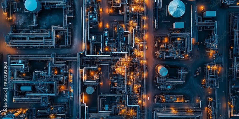 Poster aerial view of a smart factory equipped with iot devices and automated systems, exemplifying the dig