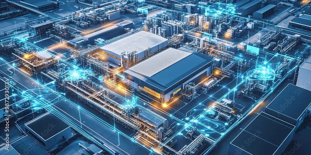 Poster aerial view of a smart factory equipped with iot devices and automated systems, exemplifying the dig