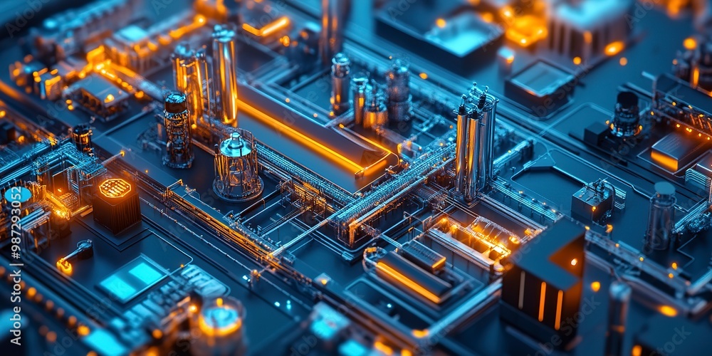 Poster aerial view of a smart factory equipped with iot devices and automated systems, exemplifying the dig