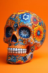 A brightly colored orange sugar skull covered with intricate blue and yellow flowers on an orange background