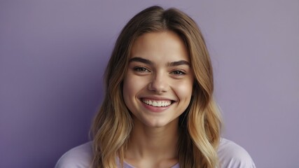 Naklejka premium teenage white woman on pastel purple background model close-up smiling with beautiful teeth for ad concept space for text
