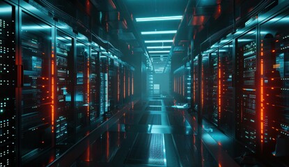 Futuristic server room illuminated with glowing blue and orange lights, showcasing rows of high tech servers against a sleek, reflective floor