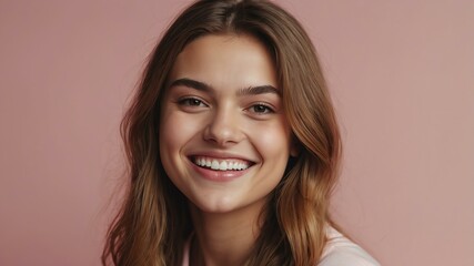 Fototapeta premium teenage white woman on pastel pink background model close-up smiling with beautiful teeth for ad concept space for text