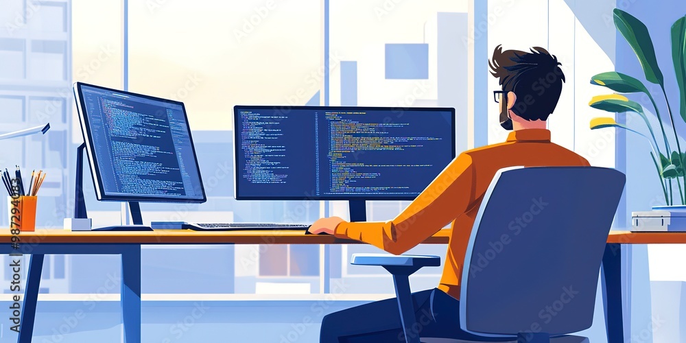 Poster a software developer at work. a man sits at a desk in a bright office and stares at computer screens