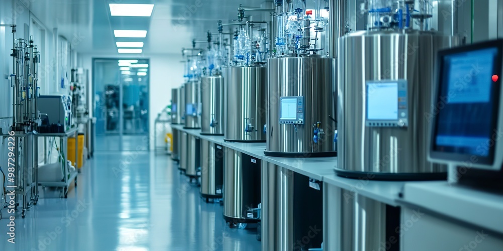 Poster a row of large, advanced bioreactors in a high-tech laboratory, showcasing cutting-edge biotechnolog