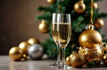 champagne and christmas decorations