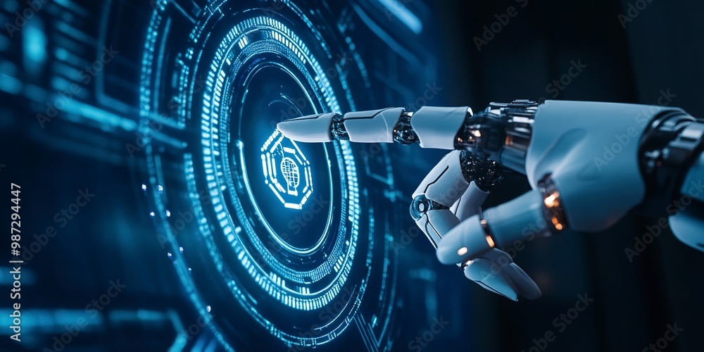Poster a robot hand points towards a holographic display showcasing cyber security symbols. the intersectio