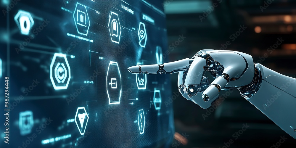 Poster a robot hand points towards a holographic display showcasing cyber security symbols. the intersectio