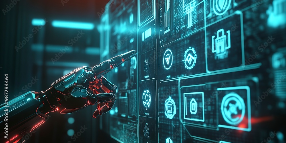 Poster a robot hand points towards a holographic display showcasing cyber security symbols. the intersectio