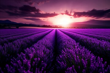 Obraz premium A stunning lavender field at sunset, with rows of vibrant purple flowers leading toward the glowing horizon as the sun sets behind distant hills