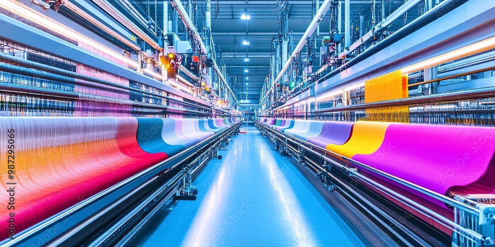 Poster a high-tech textile factory with automated looms weaving smart fabrics, integrated sensors monitor t