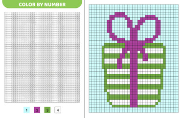 Color by number. Striped gift with bow. Pixel coloring book. Numbered squares. Game for kids