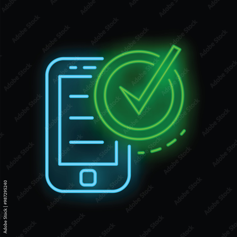 Poster Neon sign showing a mobile phone validating data with a check mark symbol