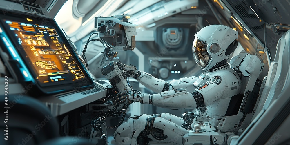 Poster a futuristic astronaut interacting with a high-tech robot inside a sleek spaceship, surrounded by ad