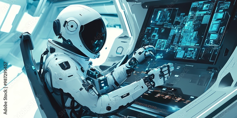 Poster a futuristic astronaut interacting with a high-tech robot inside a sleek spaceship, surrounded by ad