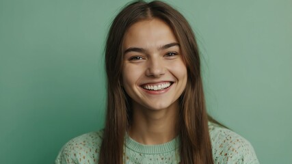 Fototapeta premium teenage finnougric woman on pastel green background model close-up smiling with beautiful teeth for ad concept space for text