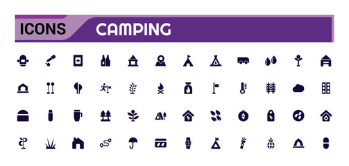 Camping icon collection. Camp, tent, fishing, picnic and more, filled icon set, glyph for web and ui. Solid icon set. Vector illustration.