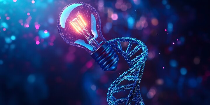A dynamic composition featuring an abstract blue light bulb casting its glow on a vibrant blue and purple 3D DNA molecule helix, symbolizing the transformative impact of biotechnology engineering.