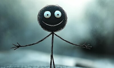 A simple stick figure illustration with a cheerful smile and wide eyes. The figure is drawn in a minimalist style, with a black outline and white eyes.