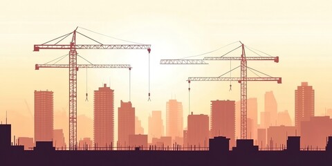 Fototapeta premium A Construction of high-rise buildings, tower cranes are lifting steel on high-rise building construction site in big city. 