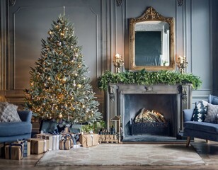 Gem&uuml;tliches Wohnzimmer mit Kamin, Weihnachtsbaum und Geschenken &ndash; Perfekte festliche Weihnachtsstimmung