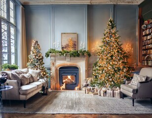 Gemütliches Wohnzimmer mit Kamin, Weihnachtsbaum und Geschenken – Perfekte festliche Weihnachtsstimmung