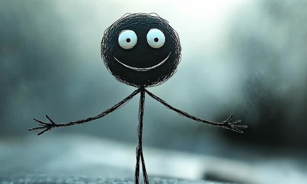 A simple stick figure illustration with a cheerful smile and wide eyes. The figure is drawn in a minimalist style, with a black outline and white eyes.