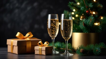 champagne glasses and christmas tree